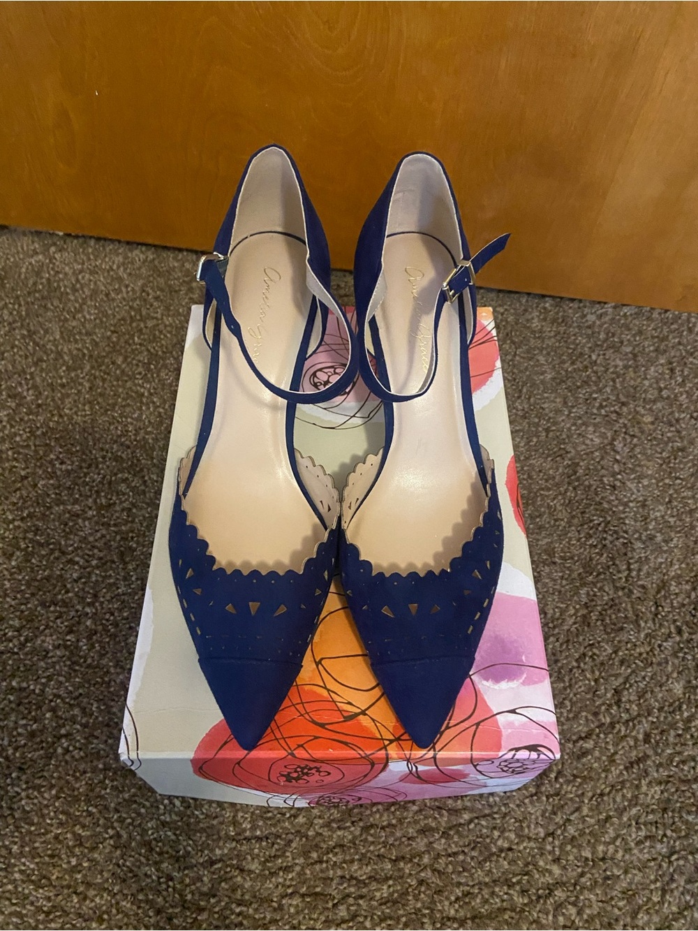 Amelia Grace Pointed Navy Scalloped T-Strap Pump - Women's